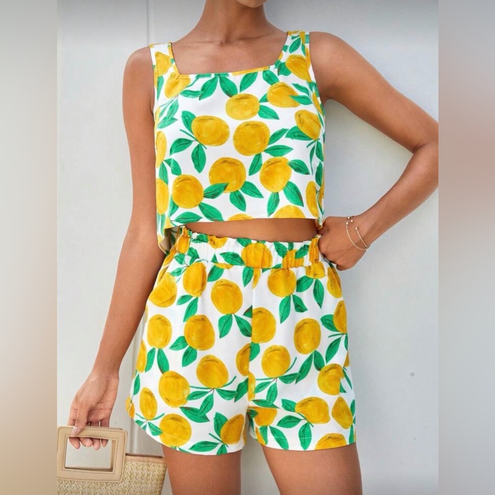Yellow and Green Fruit Print Two-Piece Set